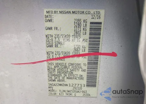 2017 Nissan Murano Platinum z USA, uszkodzony, nr VIN 5N1AZ2MH2HN127753